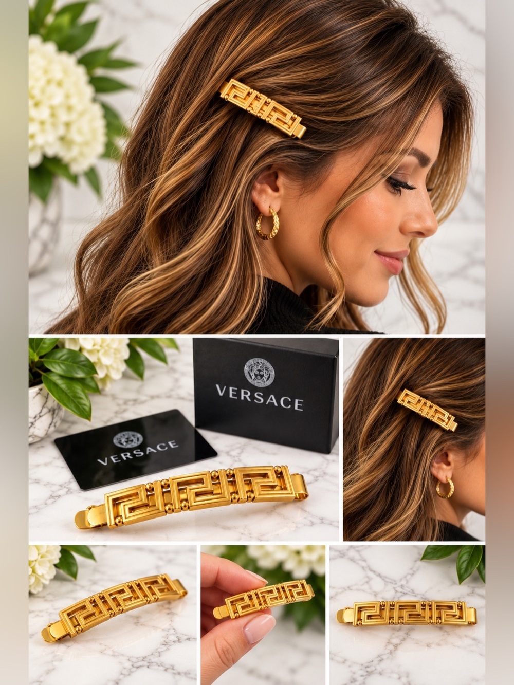 VERSACE - Greca Link Hair Clip Gold Tone Made in Italy + Box